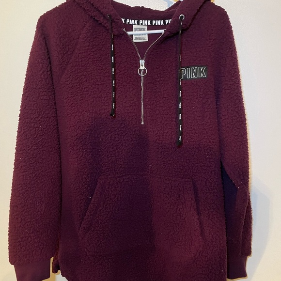 Burgundy VS Victorias Secret Pink Size XS Sherpa hooded trendy quarter zip - Picture 1 of 5